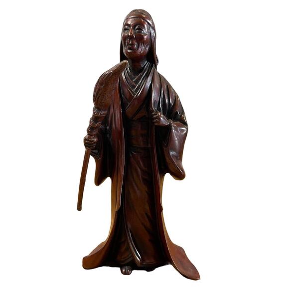 Vintage Japanese Noh Theater Bronze Uba Takasago Woman Figure w/ Broom 7" - Picture 2 of 9